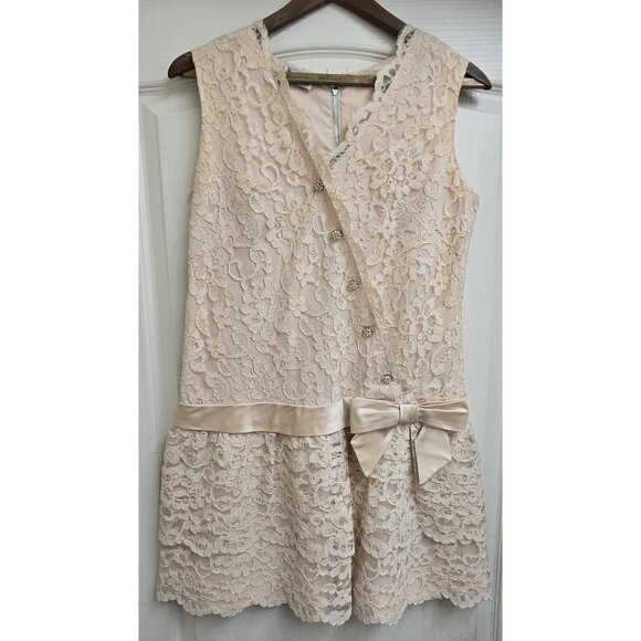 Womens Neusteters 50's Cocktail French Lace Beige Party Prom Formal Dress 14 M - Picture 2 of 16